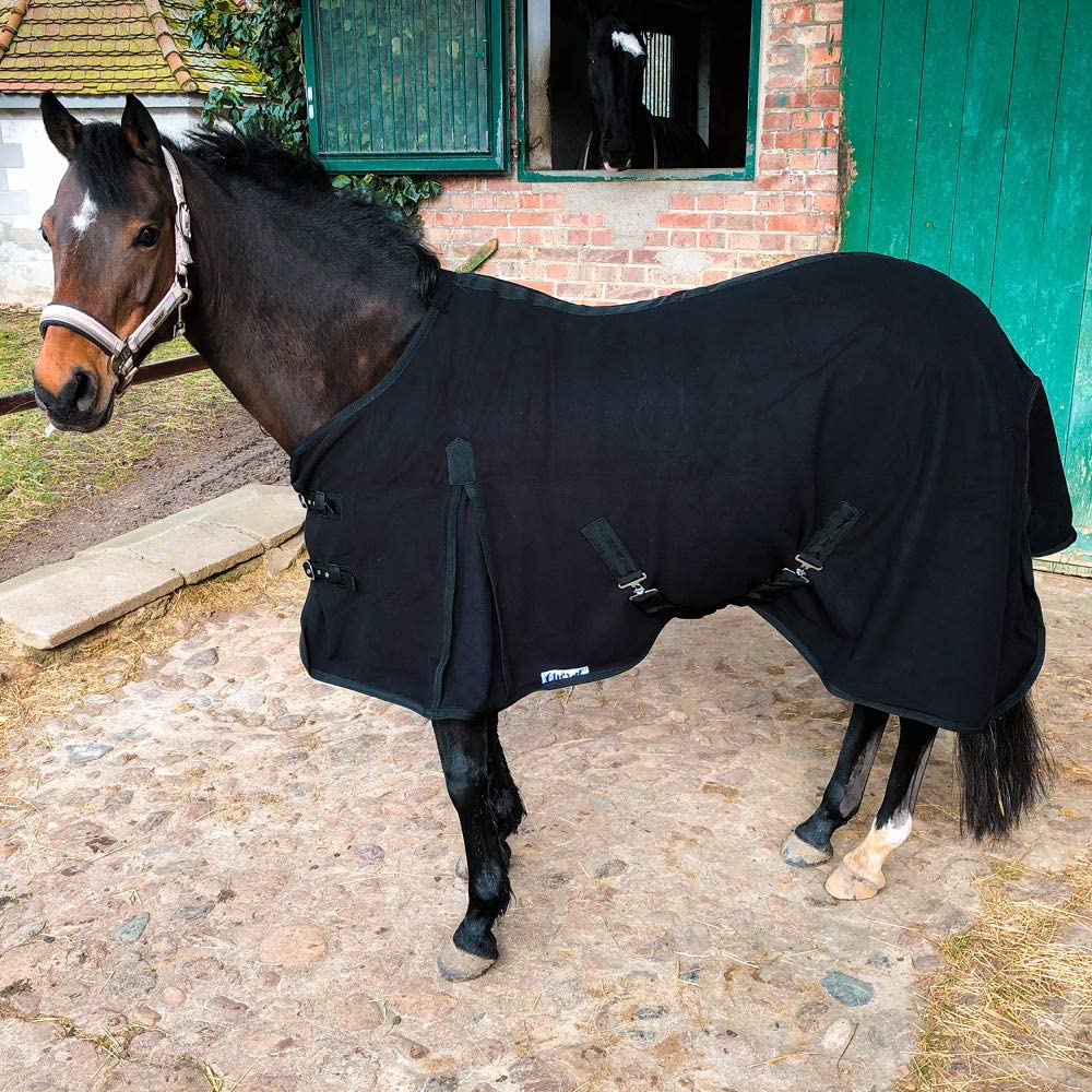 Abschwitzdecke Pferd mit Schweifriemen und Kreuzgurt - Stalldecke Pferd aus Fleece, Abschwitzdecke (Schwarz, 175 cm)