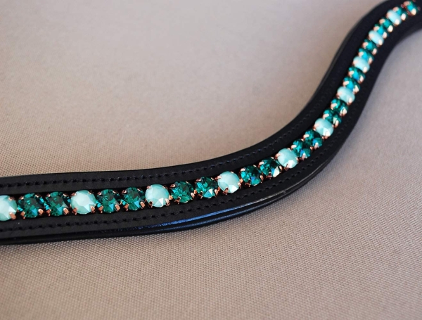 GlücksHucke Stirnriemen Pferd geschwungen, grün ‚Precious‘ mit Strass in Dunkelgrün & Türkis/Mint – weich unterlegt (Warmblut XL, Leder Dunkelbraun)