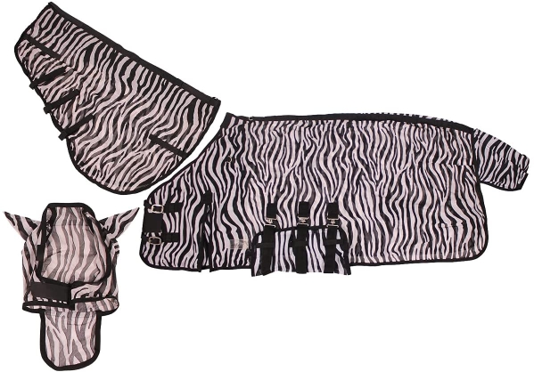 QHP Fliegendecke mit Hals und Hut 3 Bauchgurte, Frontverschluss, Schweiflatz (145 cm, Zebra)
