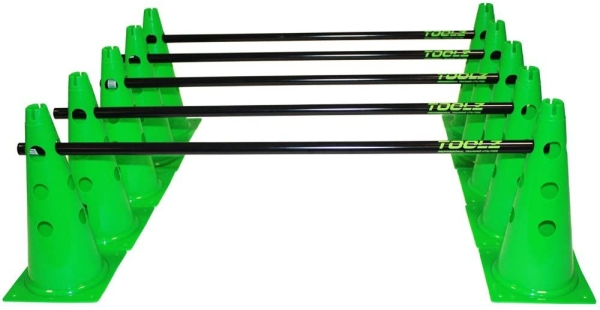 TOOLZ Koordinationsset – 10 Kegel + 5 Stangen – schwarz/grün – Agility Hürden, Steckhürden Set